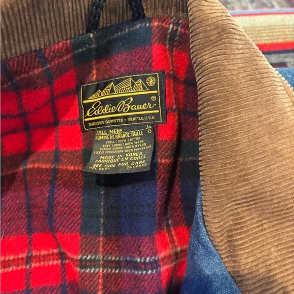 Eddie Bauer Men’s L flannel lined denim jacket sz Large Tall - Picture 3 of 4